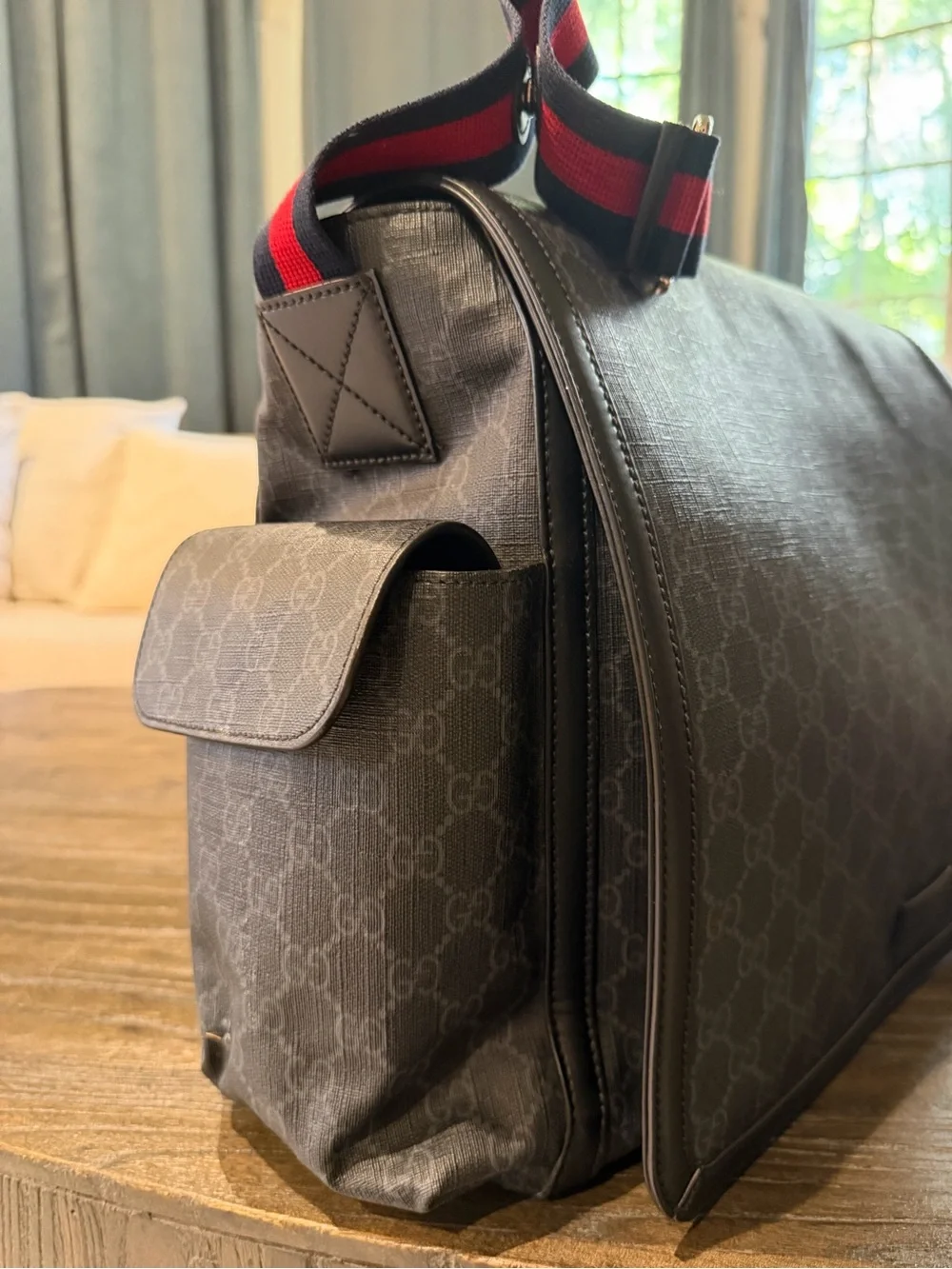 Authentic Gucci Black/Gray Messenger/ Diaper Bag with Red and Blue Web Strap